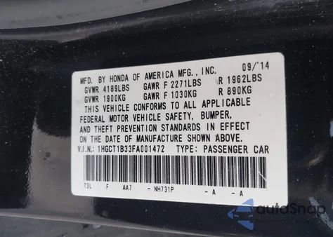 2015 Honda Accord Lx-S from USA, damaged, VIN 1HGCT1B33FA001472